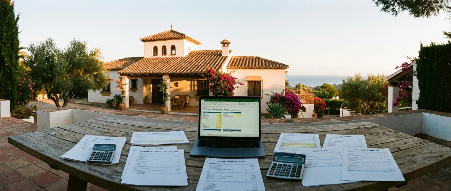 Wide panorama of cost buyer house spain calculate, an atmospheric view of a Spanish villa at sunset with an overview of financial documents on a wooden table, professional photography
