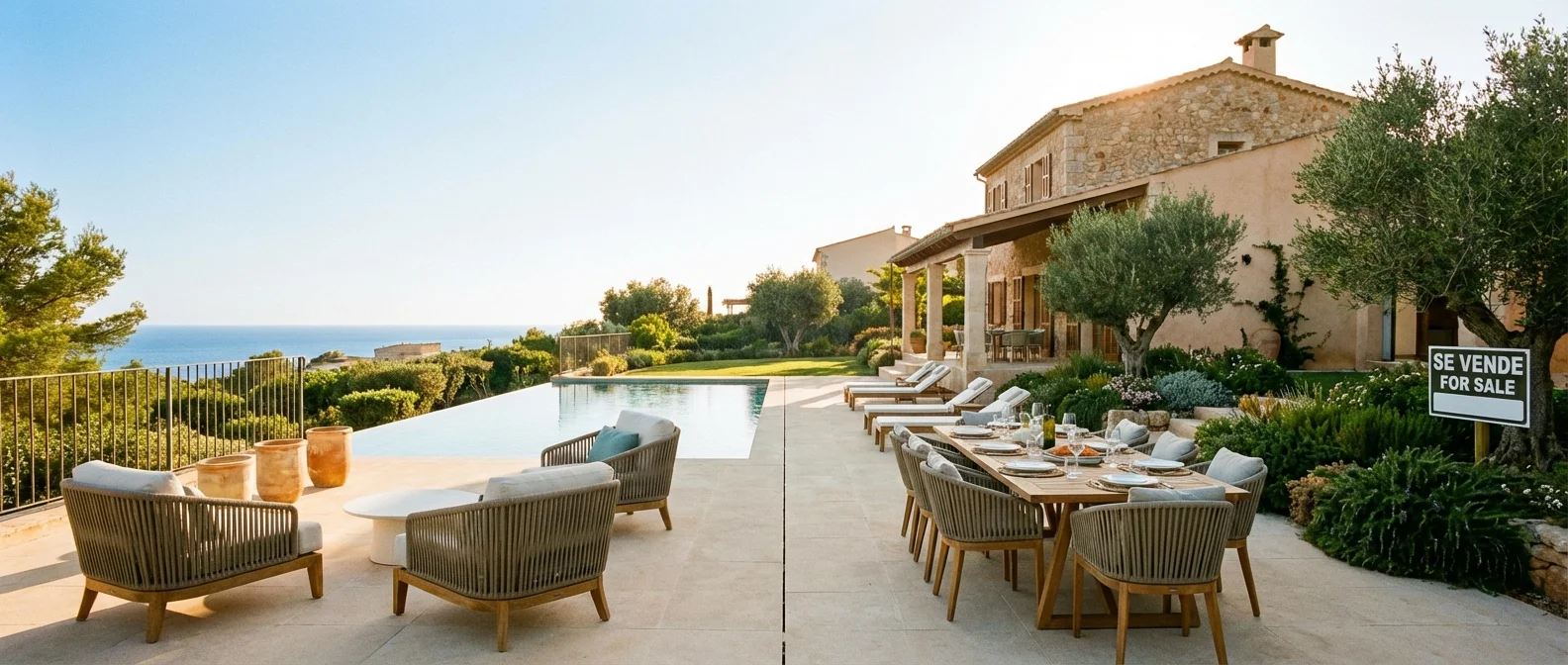 Breed panorama van een luxueuze Woning in Spanje Verkoopklaar, sfeervolle weergave van een zonovergoten terras met uitzicht op zee, professionele fotografie, uitnodigende compositie