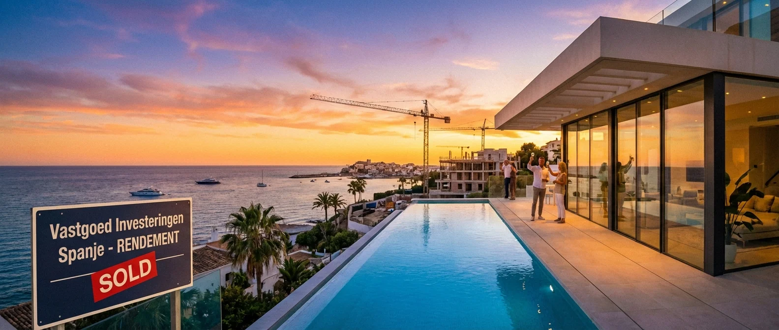 Large panorama de l'investissement immobilier en Espagne avec une villa de luxe sur la côte, coucher de soleil sur la Méditerranée, vue atmosphérique de l'immobilier rentable.