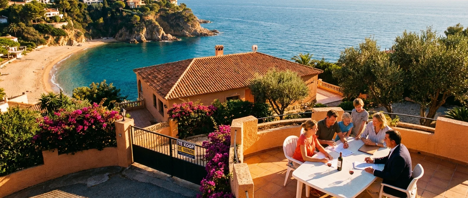 Wide panorama of property buying in Spain as Belgian, atmospheric view of a villa on the coast, warm Mediterranean colours, professional photography
