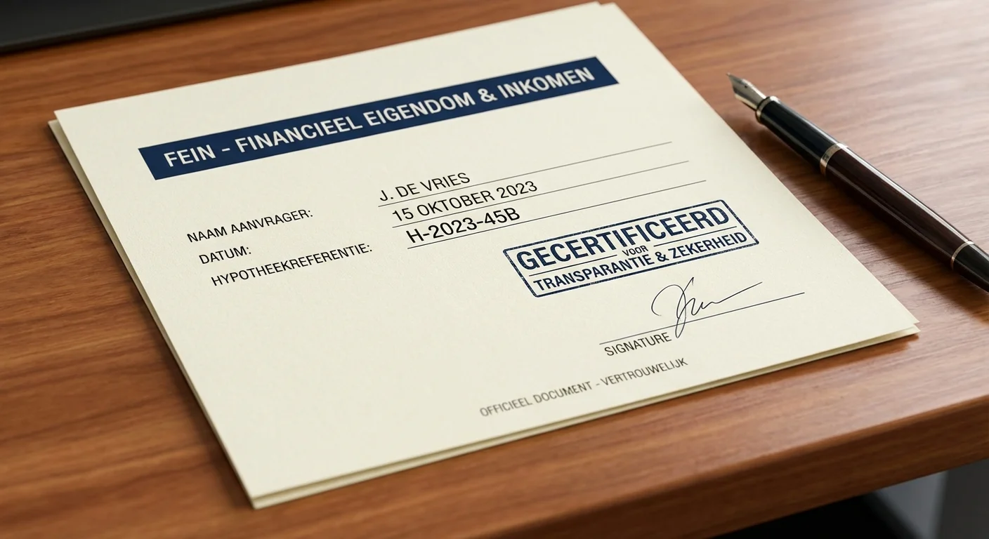 close-up detail shot, sharp focus van een officieel FEIN document op een houten bureau met een vulpen, wat de transparantie en zekerheid van de FEIN bij een hypotheekaanvraag symboliseert, professional appearance. ALL text rendered in this image MUST be in Dutch. Ensure correct spelling.
