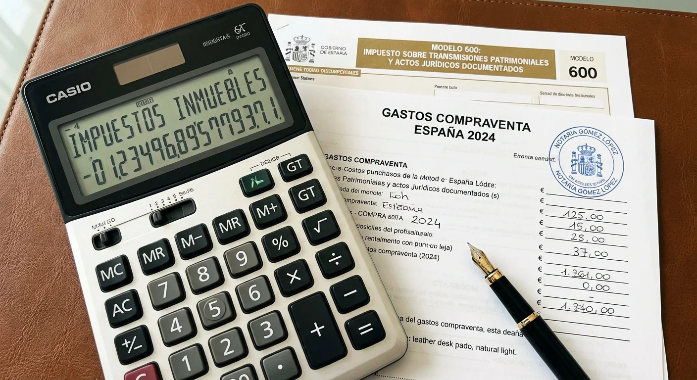close-up detail shot, sharp focus of a calculator and Spanish tax forms to calculate cost buyer house spain, professional look
