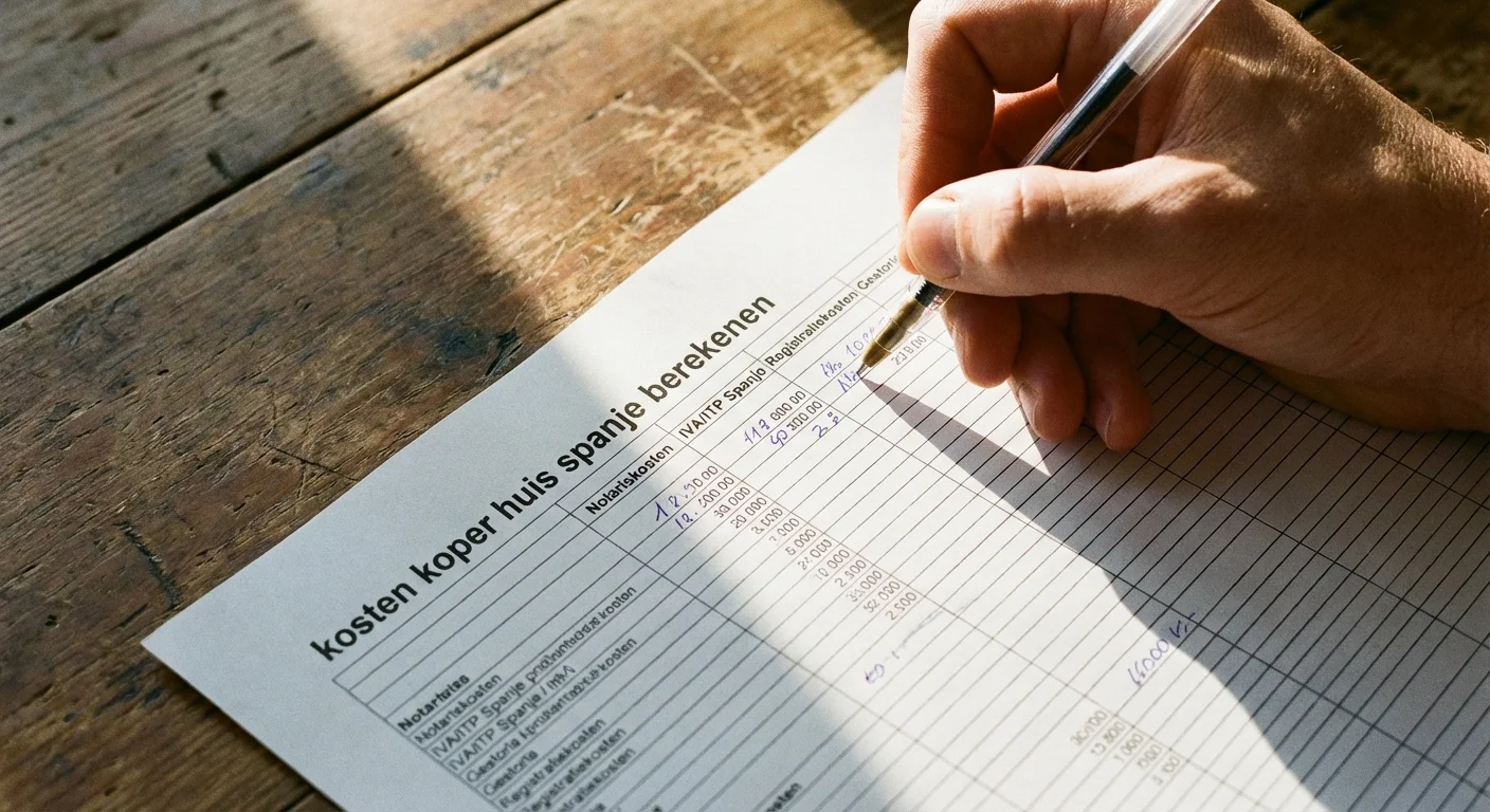 close-up detail shot, sharp focus on a hand filling in a spreadsheet for cost buyer house spain calculation on a wooden table, sunlight incidence