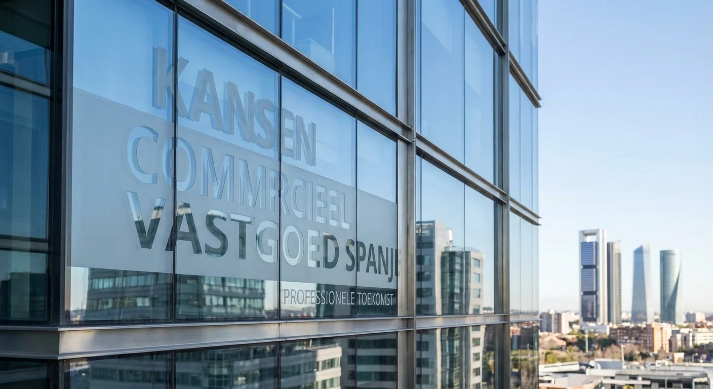 close-up detail shot, sharp focus of a modern glass office building in Madrid reflecting the opportunities for Commercial Real Estate in Spain, professional appearance. ALL text rendered in this image MUST be in Dutch. Ensure correct spelling.
