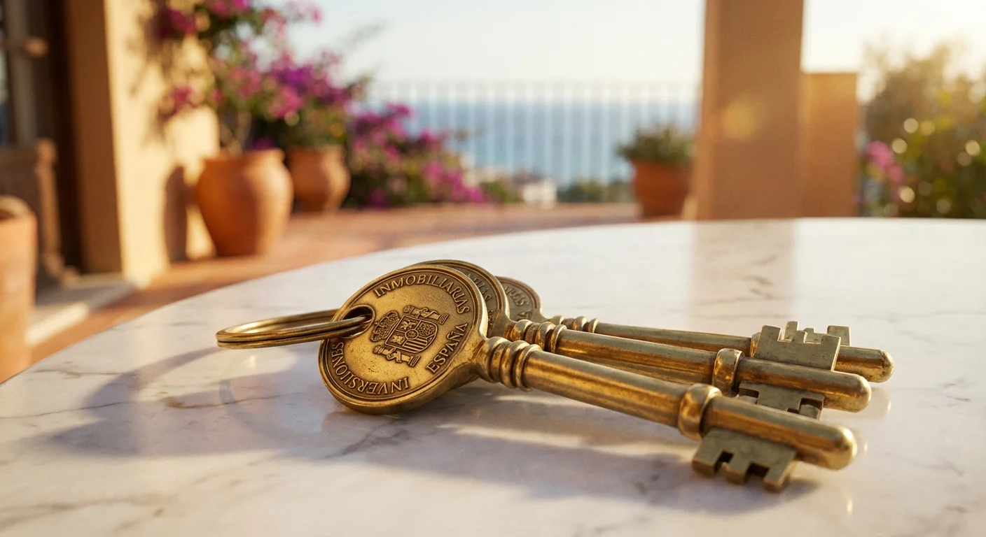 close-up detail shot, sharp focus of a gold keychain on a marble table with a sunny Spanish terrace in the background, illustrating the luxury and security of Real Estate Investments Spain, professional appearance