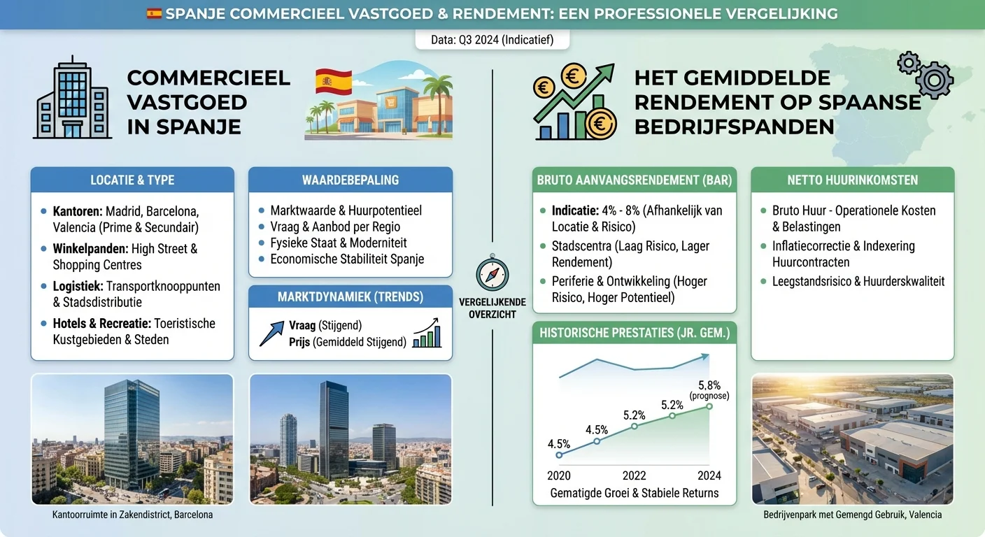 comparative view, side-by-side layout of Commercial Property in Spain at the average return on spanish commercial property, professional appearance. ALL text rendered in this image MUST be in Dutch. Ensure correct spelling.