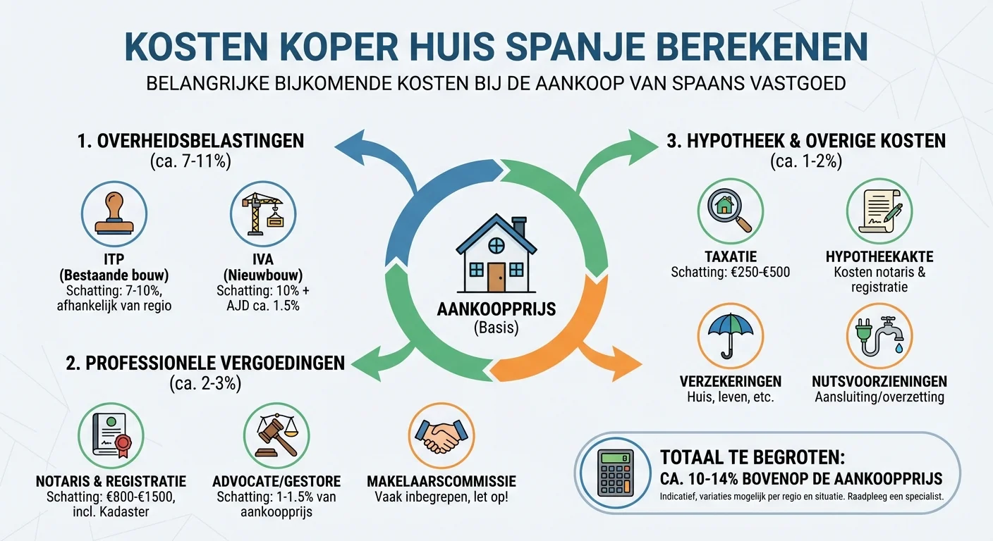 diagram or infographic style, clear and informative of cost buyer house spain calculations at important additional costs when buying spanish property, professional appearance