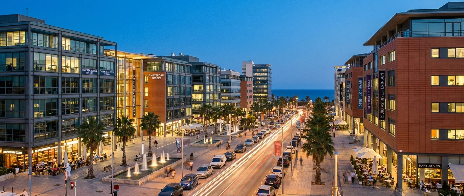 A wide panorama of modern Commercial Real Estate in Spain, attractively lit office buildings on a boulevard, professional architectural photography with an inviting composition. ALL text rendered in this image MUST be in Dutch. Ensure correct spelling.
