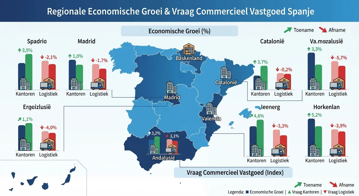 A detailed infographic-style diagram visualising economic growth and demand for Commercial Real Estate in Spain by region, with icons for offices and logistics, professional look. ALL text rendered in this image MUST be in Dutch. Ensure correct spelling.