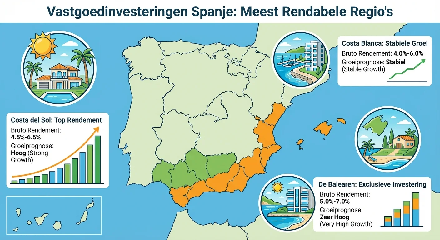 A detailed infographic in a clear and informative style visualising the most profitable regions for real estate investment Spain, with icons for the Costa del Sol, Costa Blanca and the Balearic Islands, including return rates and growth forecasts.