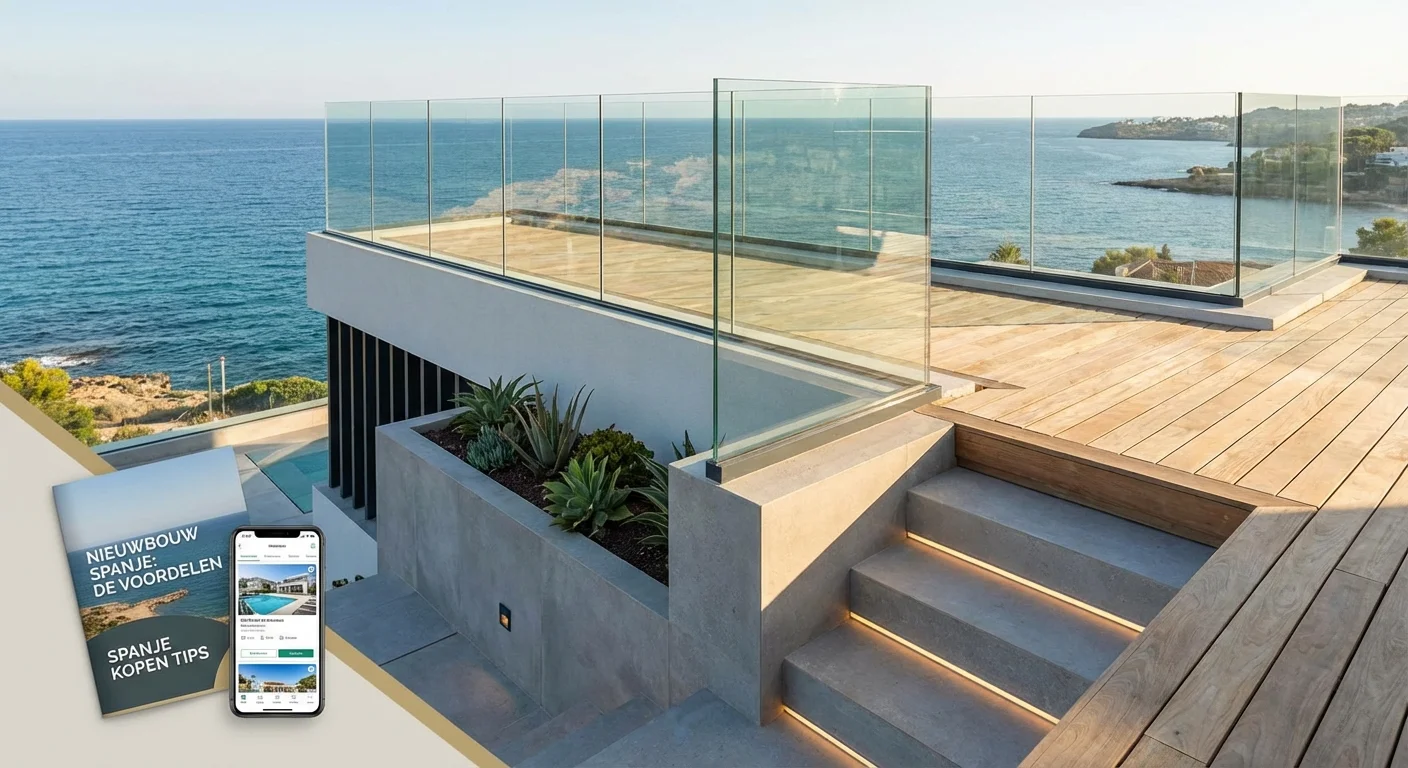 close-up detail shot, sharp focus of a modern architectural detail of a terrace with glass balustrade and sea views, illustrating new construction or existing construction in spain buy tips on the benefits of a modern new construction home in spain, professional look