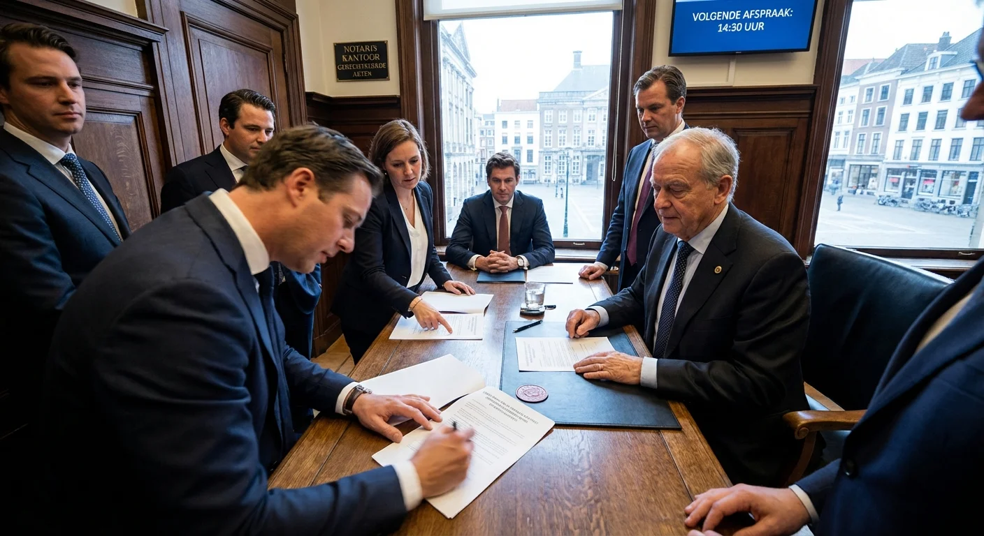 realistic action photo, dynamic perspective of a professional meeting where a FEIN document is being signed at the Spanish notary, professional appearance. ALL text rendered in this image MUST be in Dutch. Ensure correct spelling.