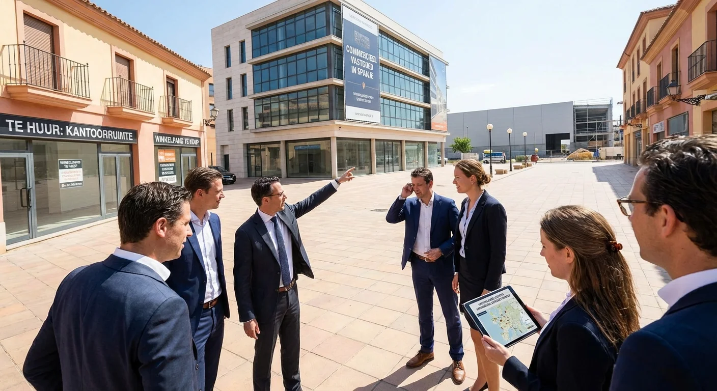 realistic action photo, dynamic perspective of Commercial Property in Spain at different types of commercial property in spain explored, professional appearance. ALL text rendered in this image MUST be in Dutch. Ensure correct spelling.