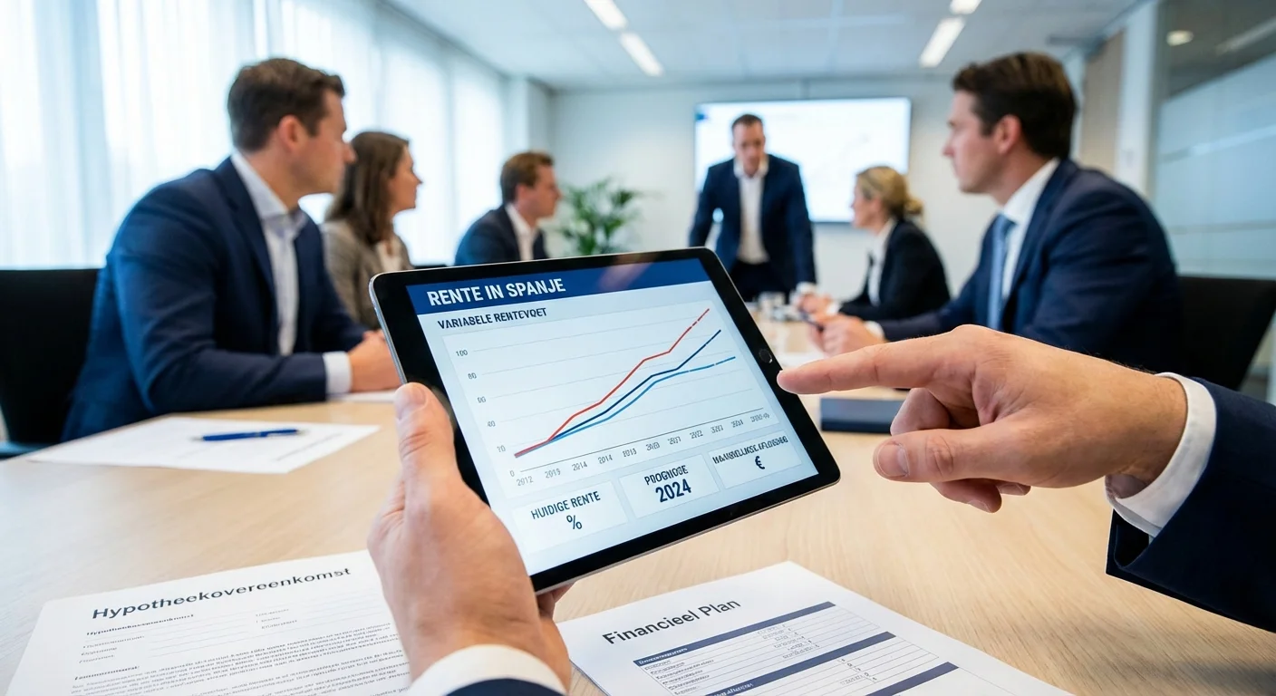 realistic action photo, dynamic perspective of een moderne tablet die grafieken toont van de Rente in Spanje bij een gesprek over een variabele rentevoet, professional appearance. ALL text rendered in this image MUST be in Dutch. Ensure correct spelling.