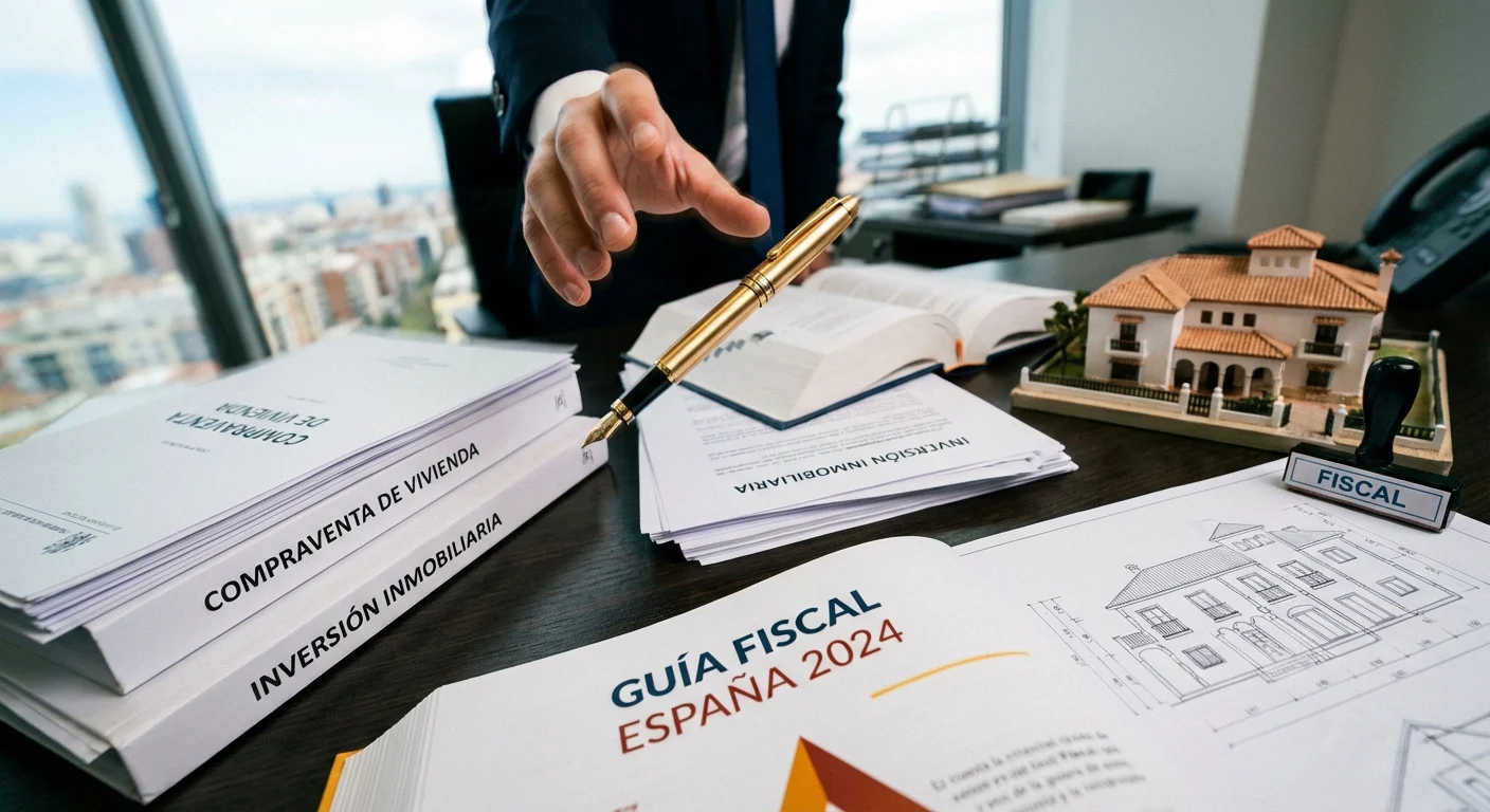 realistic action photo, dynamic perspective of a desk with legal documents, a Spanish tax guide and a golden pen, symbolising Real estate investment Spain in tax aspects and legal steps when buying, professional appearance