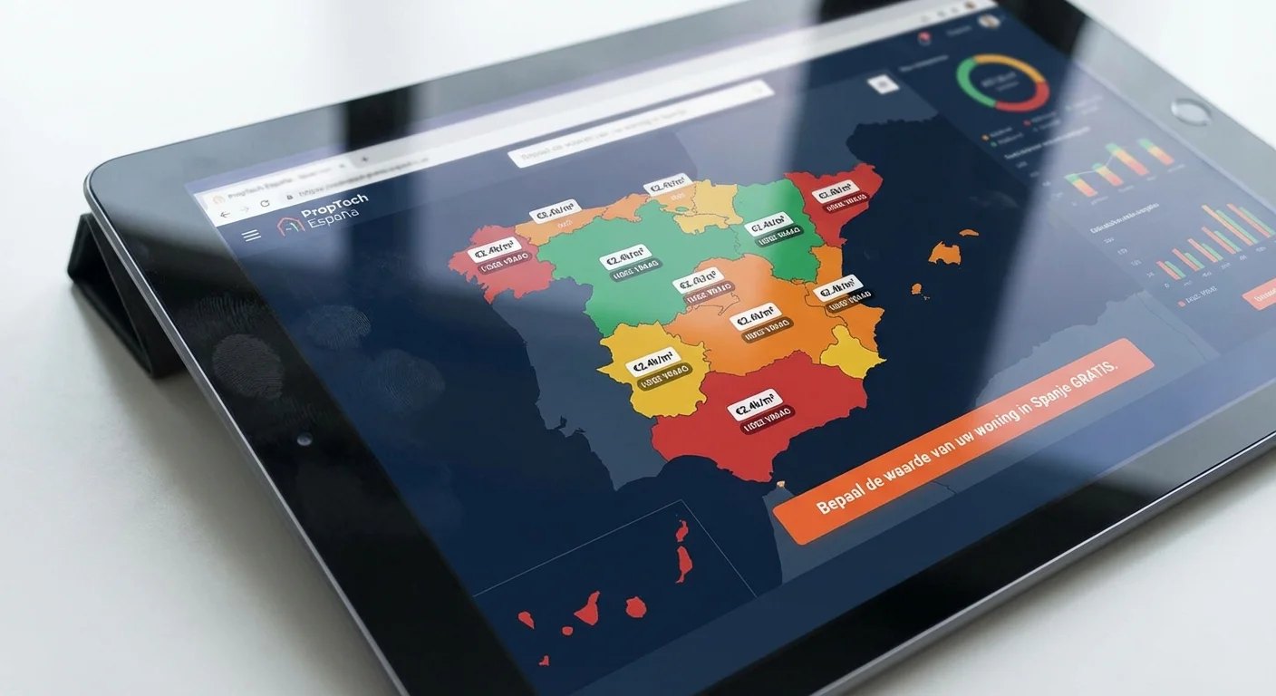 close-up detail shot, scherpe focus van een modern tablet-scherm waarop een interactieve kaart van Spanje te zien is met prijsindicatoren per regio, gericht op de waarde van uw woning in spanje bepalen gratis, professionele en technologische uitstraling