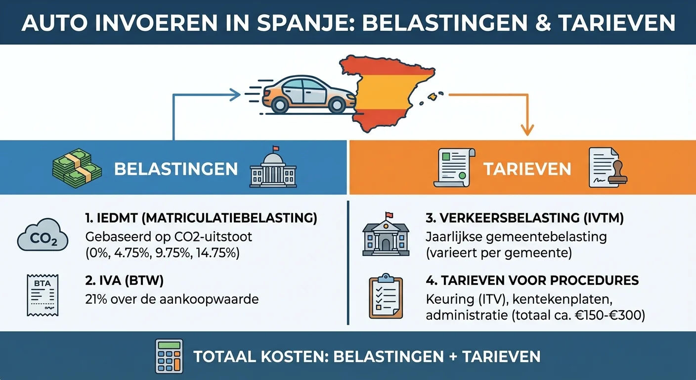 diagramme ou style infographique, clair et informatif du coût de l'importation d'une voiture en Espagne au coût de l'importation d'une voiture en Espagne : taxes et tarifs douaniers, aspect professionnel