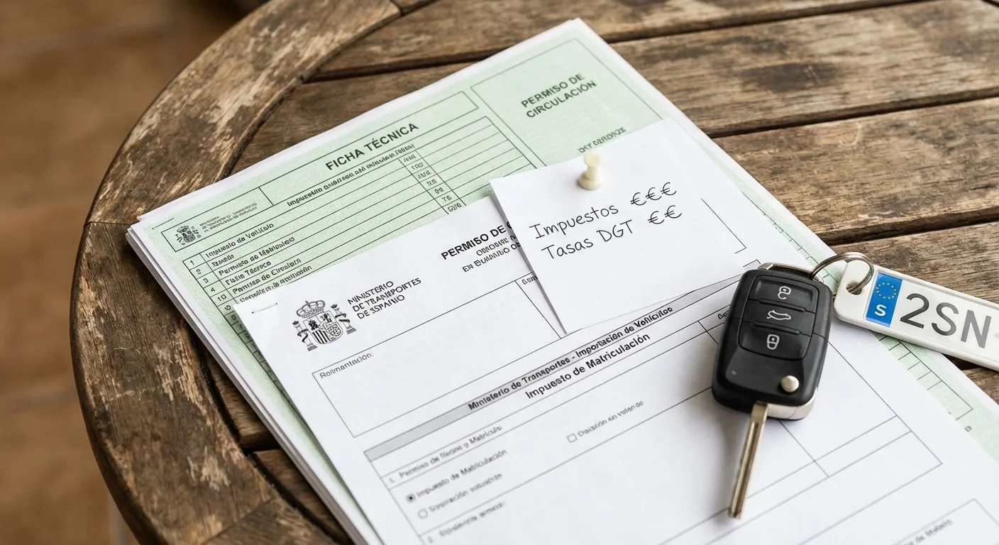 plan détaillé en gros plan, mise au point nette d'une pile de documents officiels espagnols et d'une clé de voiture sur une table en bois, illustrant le coût de l'importation d'une voiture en Espagne, plan étape par étape pour l'importation de votre véhicule, aspect professionnel