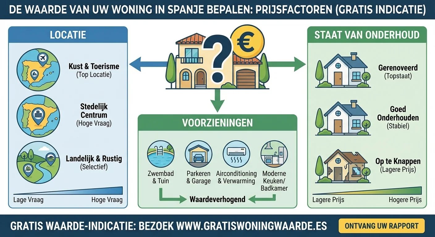 Een helder en informatief diagram in infographic stijl dat de belangrijkste prijsfactoren zoals locatie, voorzieningen en staat van onderhoud visualiseert voor de waarde van uw woning in spanje bepalen gratis, met een professionele uitstraling