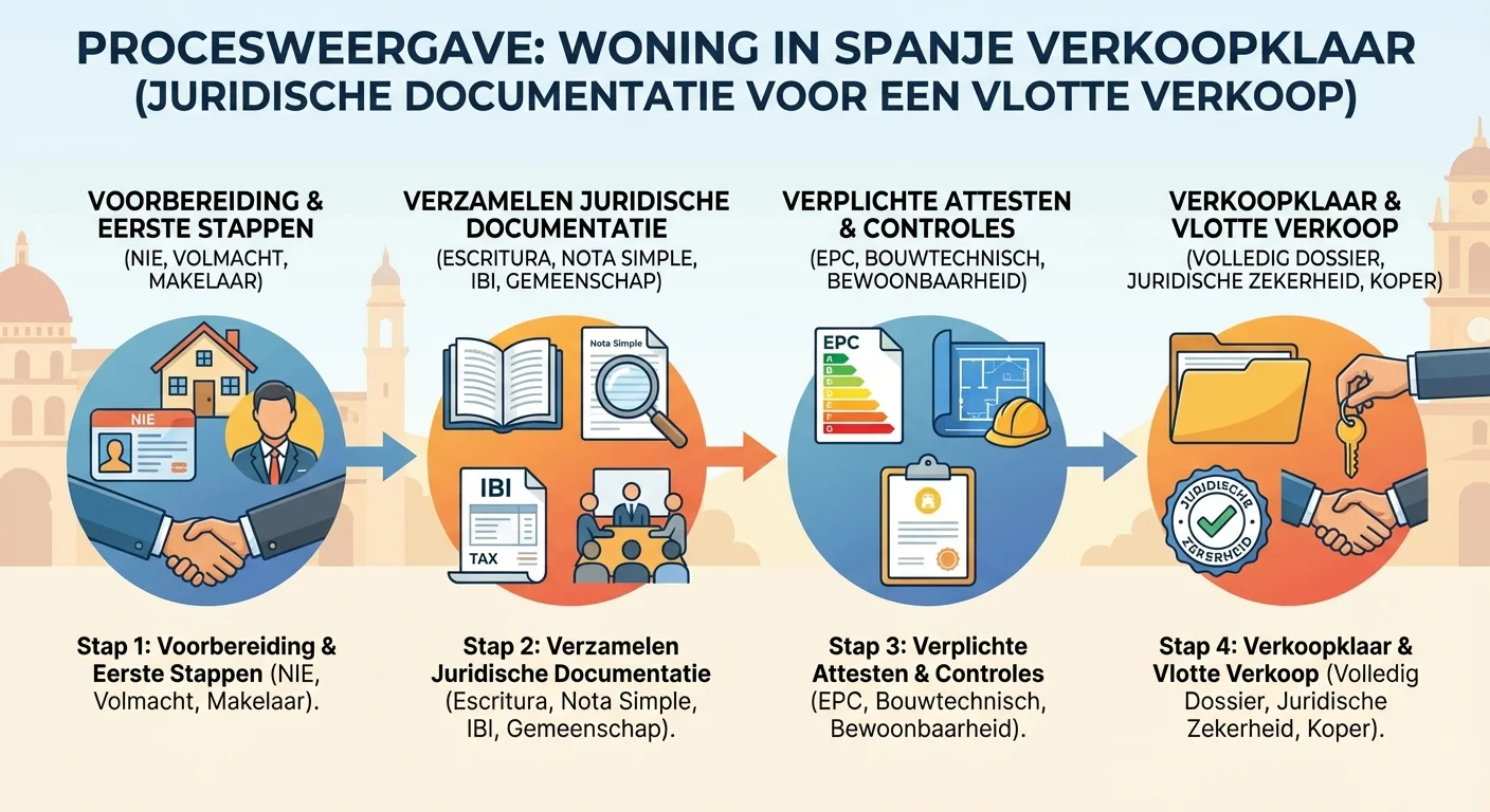 stap-voor-stap illustratie, procesweergave van Woning in Spanje Verkoopklaar bij juridische documentatie en attesten voor een vlotte verkoop, professionele uitstraling