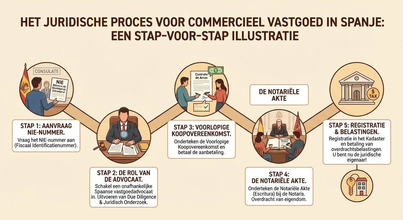 Step-by-step illustration of the legal process for Commercial Property in Spain, including the NIE number, the role of the lawyer and the notarial deed in a professional setting. ALL text rendered in this image MUST be in Dutch. Ensure correct spelling.