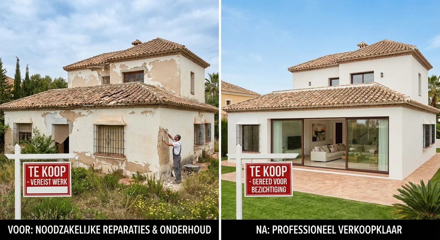 vergelijkende weergave, side-by-side layout van Woning in Spanje Verkoopklaar bij noodzakelijke reparaties en onderhoud voor de bezichtiging, professionele uitstraling