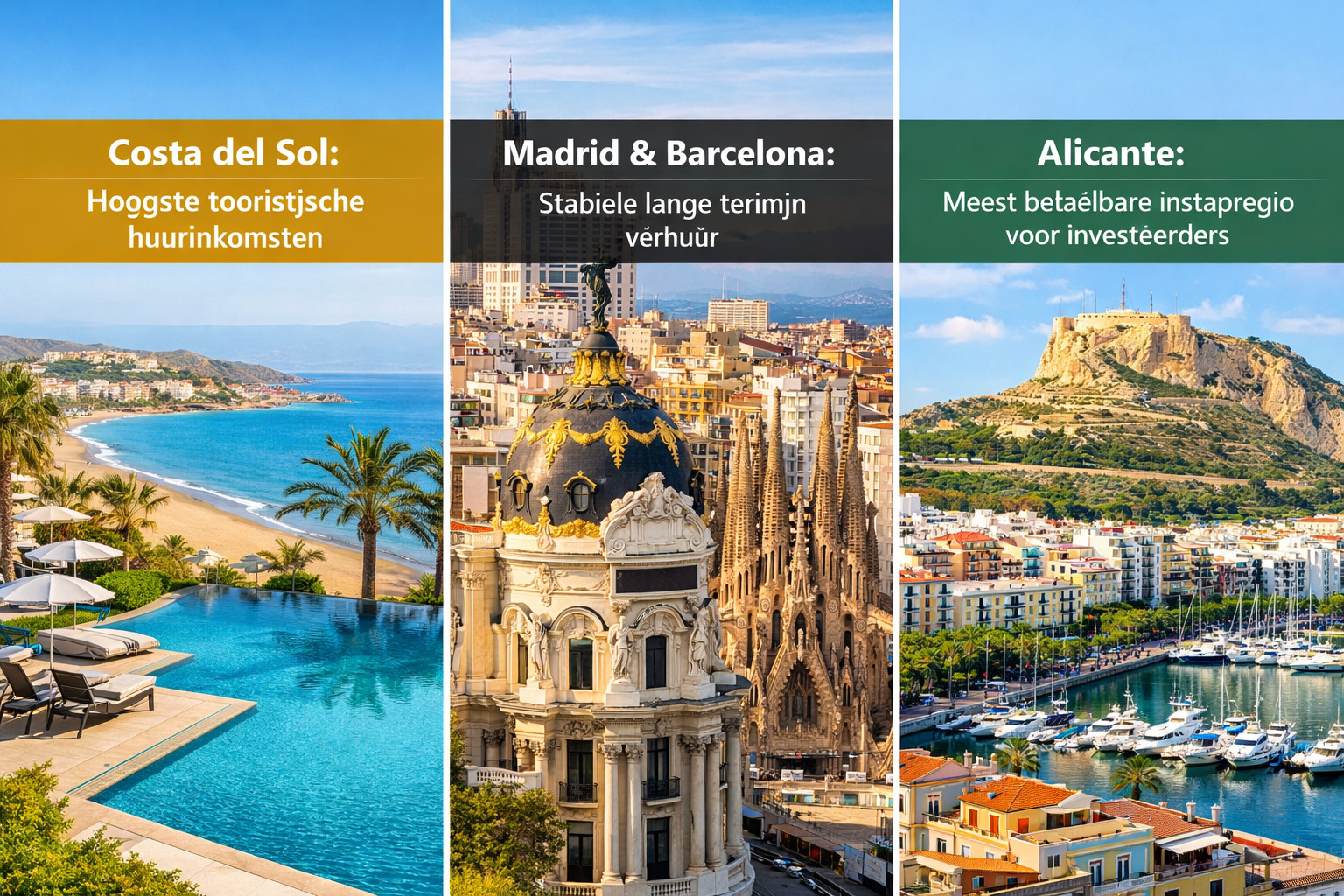 Meilleures régions pour l'investissement immobilier en Espagne : Costa del Sol pour les locations de vacances, Madrid et Barcelone pour les locations à long terme, Alicante pour une entrée abordable.