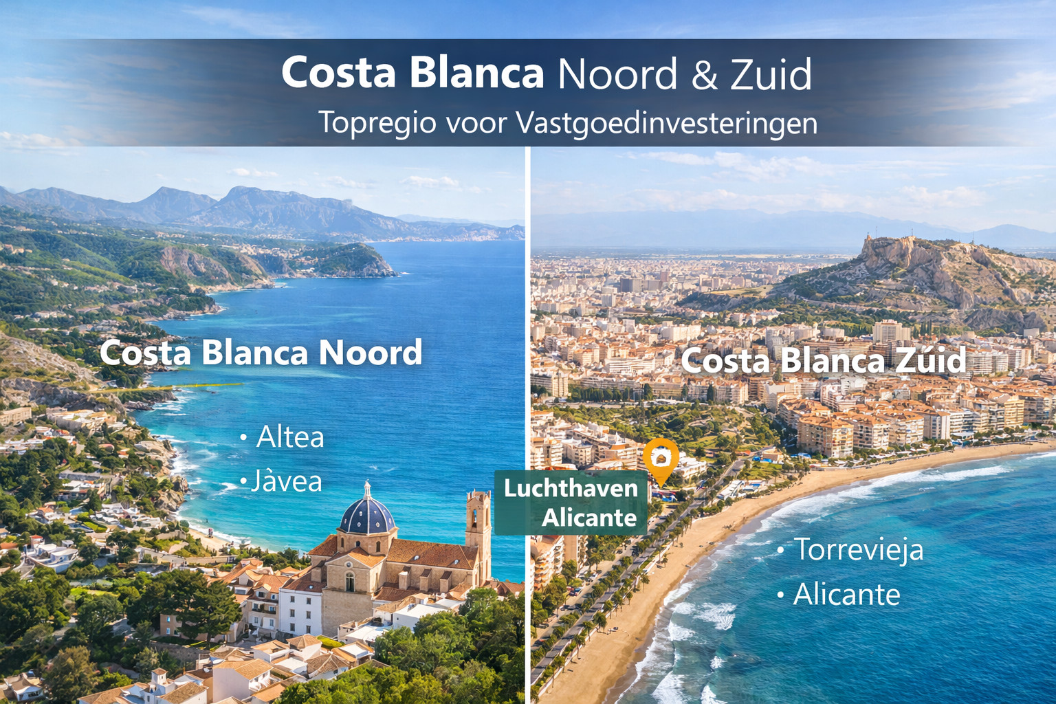 Überblick Costa Blanca Nord und Süd mit Altea, Jávea, Torrevieja und Alicante, plus Markierung Alicante Flughafen für Immobilieninvestitionen.
