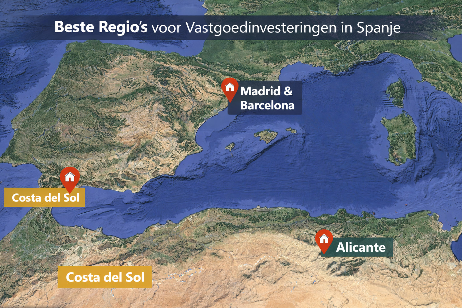 Satellitenbildkarte von Spanien im Stil von Google Earth mit Markierungen für die Costa del Sol, MadridBarcelona und Alicante als Regionen für Immobilieninvestitionen.
