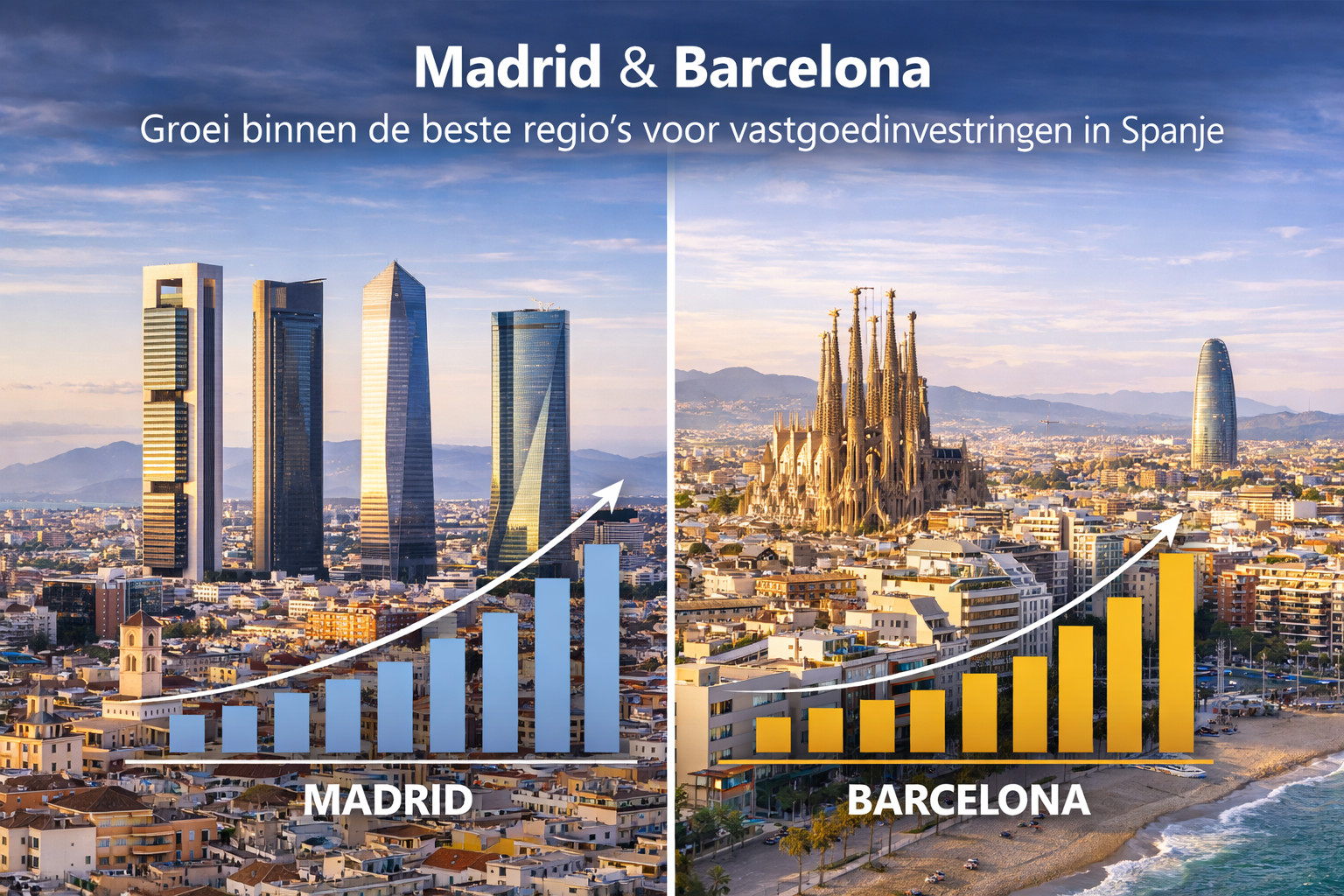 Ein moderner Überblick über die Skyline von Madrid und Barcelona mit Grafiken, die das Wachstum in den besten Regionen für Immobilieninvestitionen in Spanien zeigen