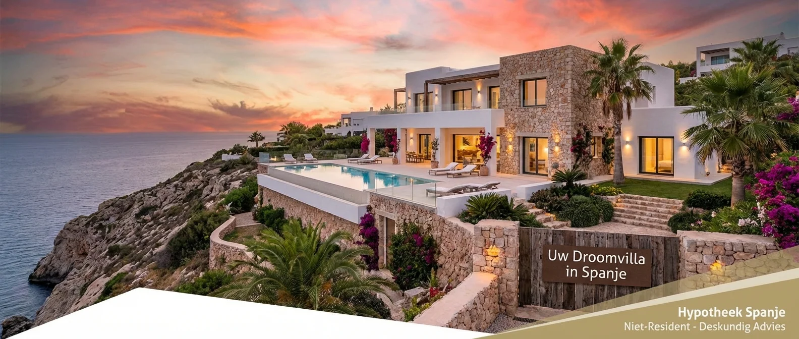 Weites Panorama einer luxuriösen Küstenvilla für einen nicht in Spanien ansässigen Hypothekennehmer, warme mediterrane Atmosphäre, einladende Komposition, professionelle Architekturfotografie. Der gesamte in diesem Bild wiedergegebene Text MUSS auf Niederländisch sein. Achten Sie auf die korrekte Schreibweise.