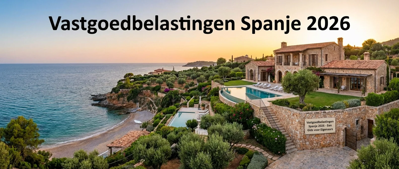 Large panorama d'une villa côtière espagnole illustrant les taxes immobilières en Espagne en 2026, vue d'ensemble atmosphérique, composition invitante, photographie professionnelle.