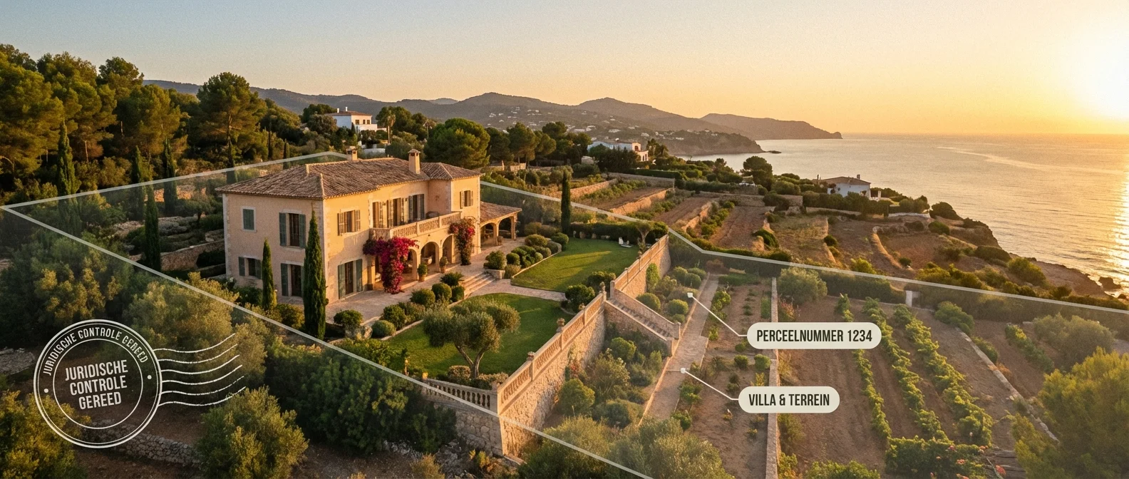 Weites Panorama einer attraktiven spanischen Villa an der Küste, illustrativer Überblick für ein Legal Audit, einladende Komposition, professionelle Fotografie