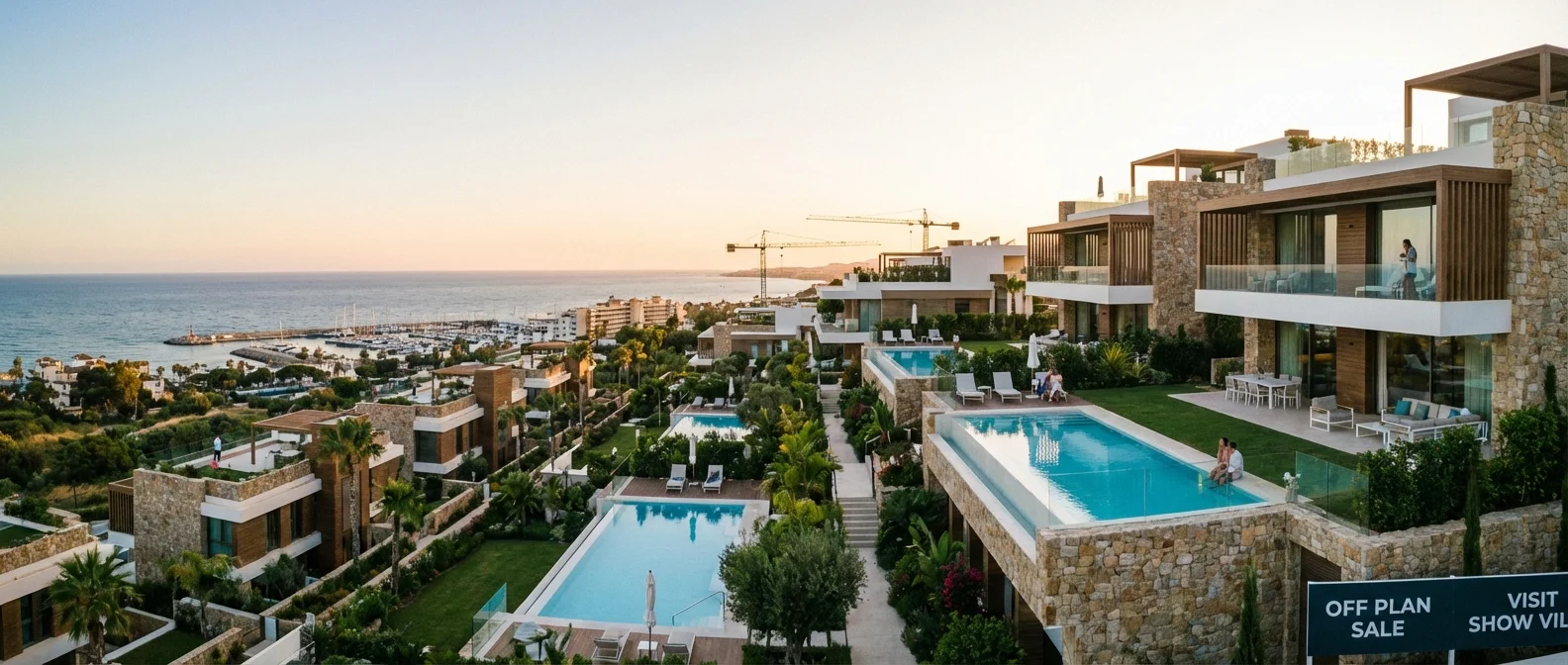 Large panorama d'un projet d'achat de propriété de luxe hors plan sur la Costa del Sol, composition atmosphérique avec vue sur la mer, photographie professionnelle d'architecture.