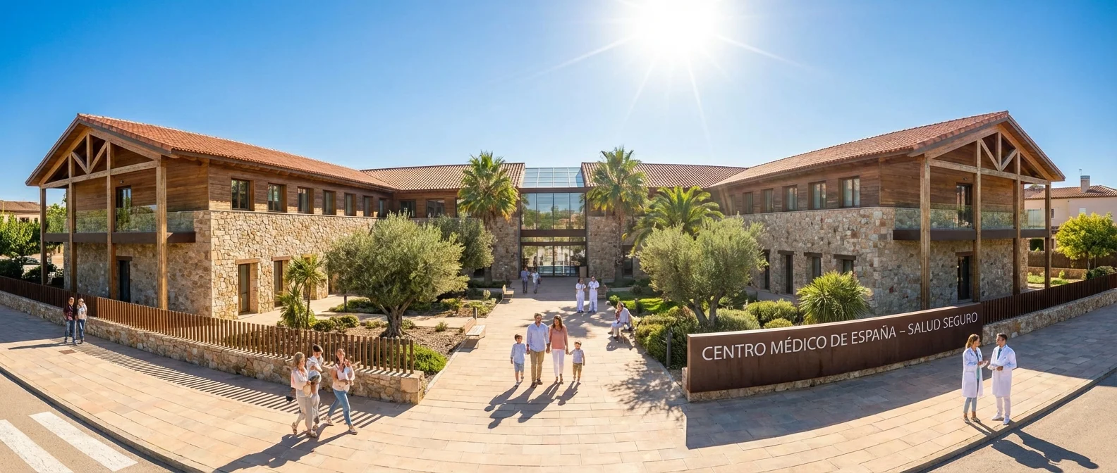Large panorama d'un centre médical espagnol moderne sous un soleil radieux, illustration d'une assurance maladie en Espagne, atmosphère chaleureuse, composition accueillante, photographie professionnelle.