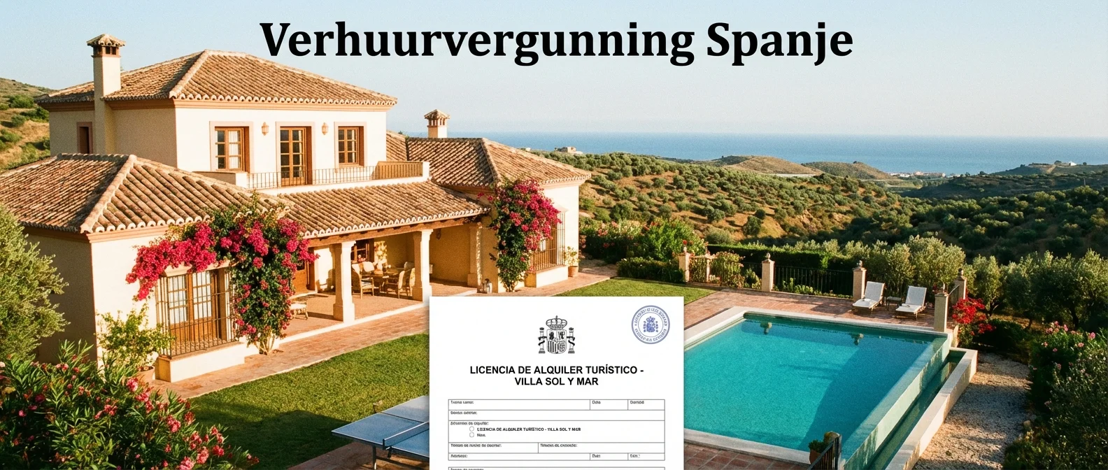 Large panorama d'une villa espagnole ensoleillée avec piscine, aperçu illustratif pour une location Permis Espagne, atmosphère chaleureuse, composition accueillante, photographie professionnelle.