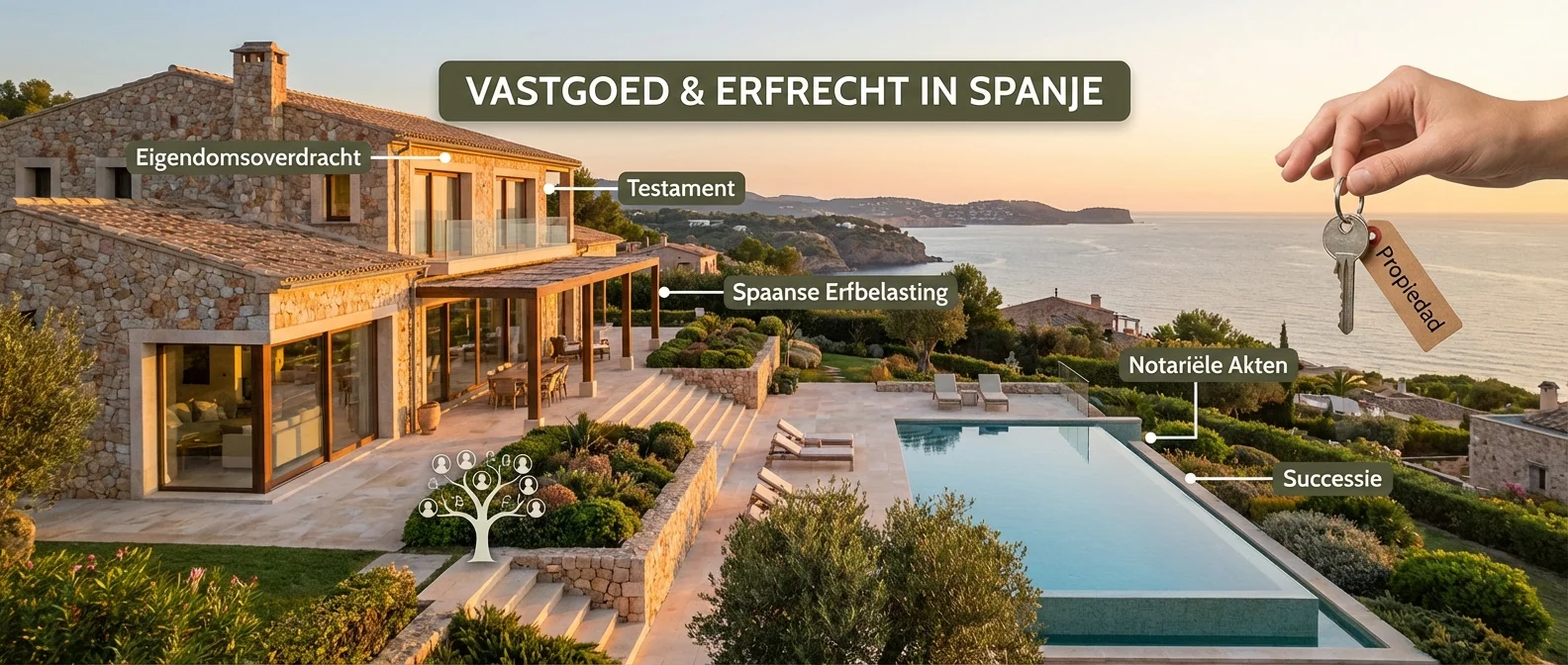 Breed panorama van een luxueuze villa aan de Middellandse Zee, illustratief overzicht van vastgoed en erfrecht in Spanje, warme sfeer, uitnodigende compositie, professionele fotografie
