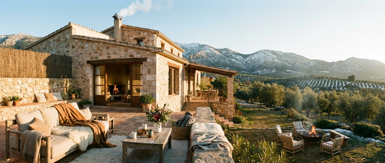 Weites Panorama eines stimmungsvollen Hauses in Spanien Winter bereit, ein schöner Überblick über eine Villa unter der Wintersonne, einladende Komposition, professionelle Fotografie