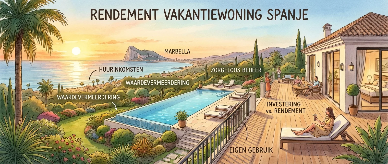 Large panorama d'une villa de luxe sur la Costa del Sol pour Rendement Vakantiewoning Espagne, vue atmosphérique avec vue sur la mer, aperçu illustratif des biens d'investissement.