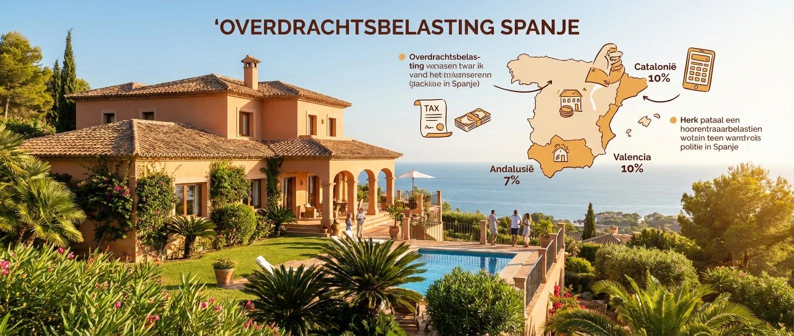 Wide panorama of a sun-drenched Spanish villa on the coast, illustrative overview of Transfer Tax Spain, warm atmosphere, inviting composition, professional photography
