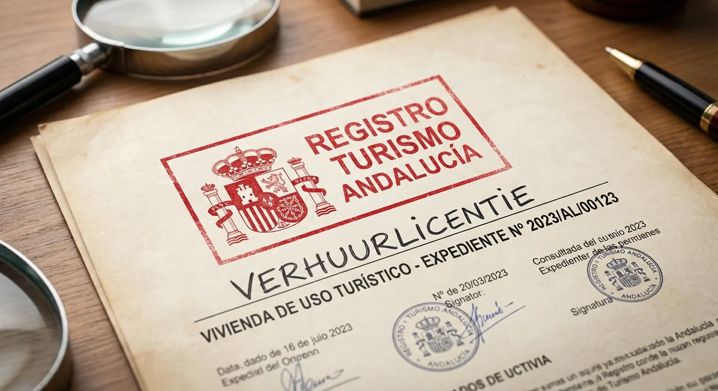 close-up detail shot, sharp focus van een officieel Spaans document met een stempel en het opschrift verhuurlicentie, illustrerend de valkuilen bij een verhuurvergunning in Spanje, professionele uitstraling