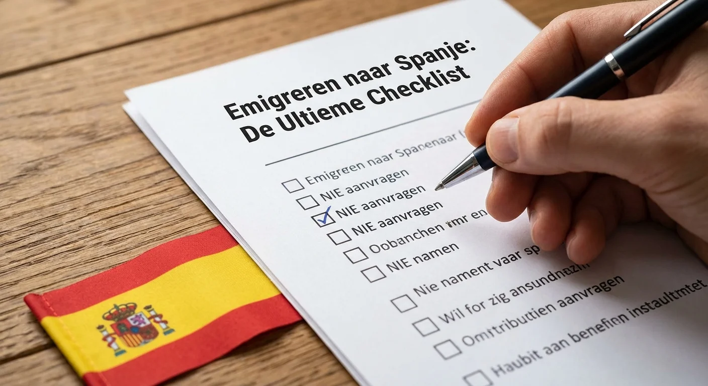 gros plan détail, netteté d'une main cochant un point sur un document intitulé Emigrer en Espagne : l'ultime liste de contrôle, posé sur une table en bois à côté d'un drapeau espagnol, aspect professionnel.