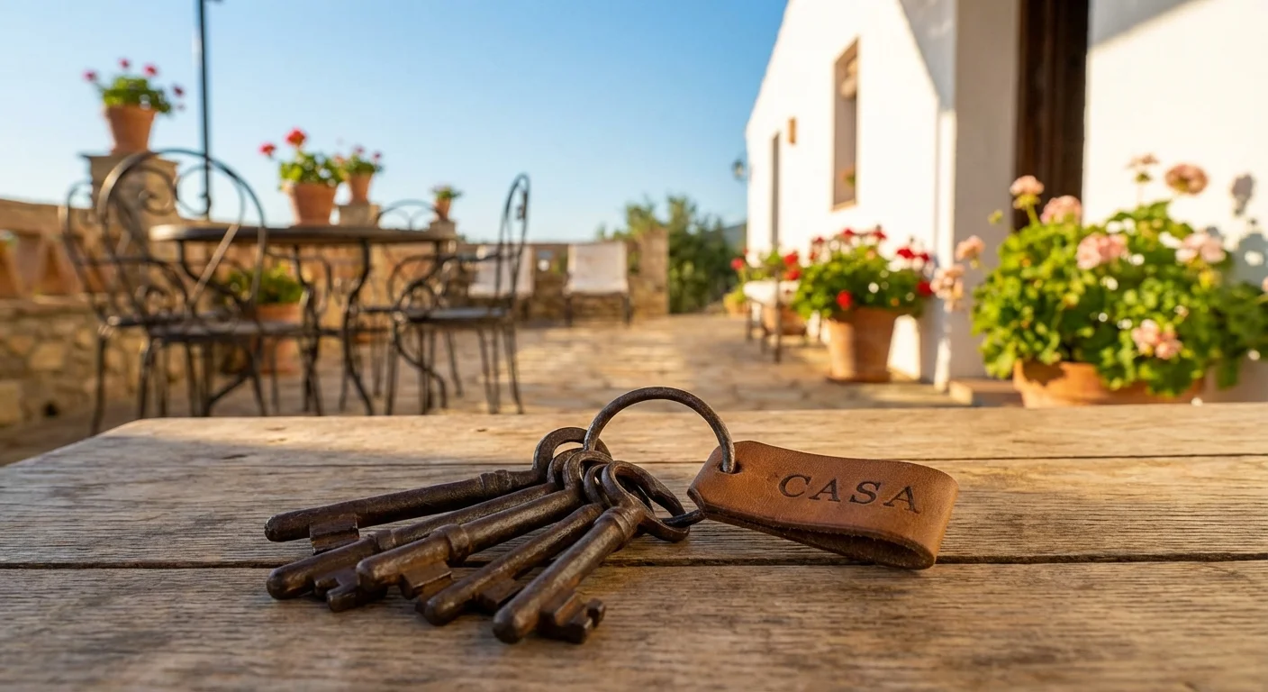 close-up detail shot, sharp focus of a traditional Spanish keychain on a rustic wooden table with a sunny terrace in the background, illustrating that emigrating to Spain is the right choice, professional appearance