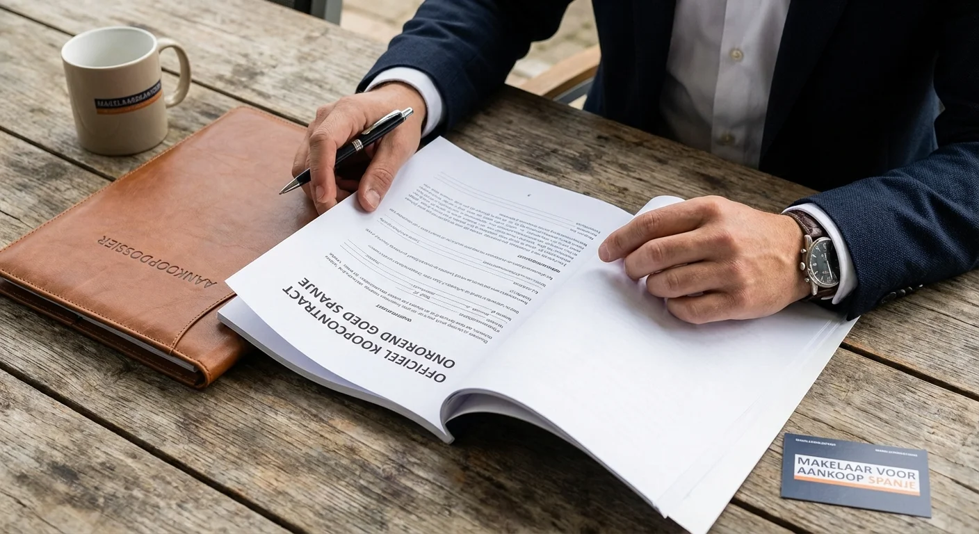 close-up detail shot, sharp focus of an Estate Agent for Purchase in Spain studying an official sales contract on a wooden table, professional appearance. ALL text rendered in this image MUST be in Dutch. Ensure correct spelling.