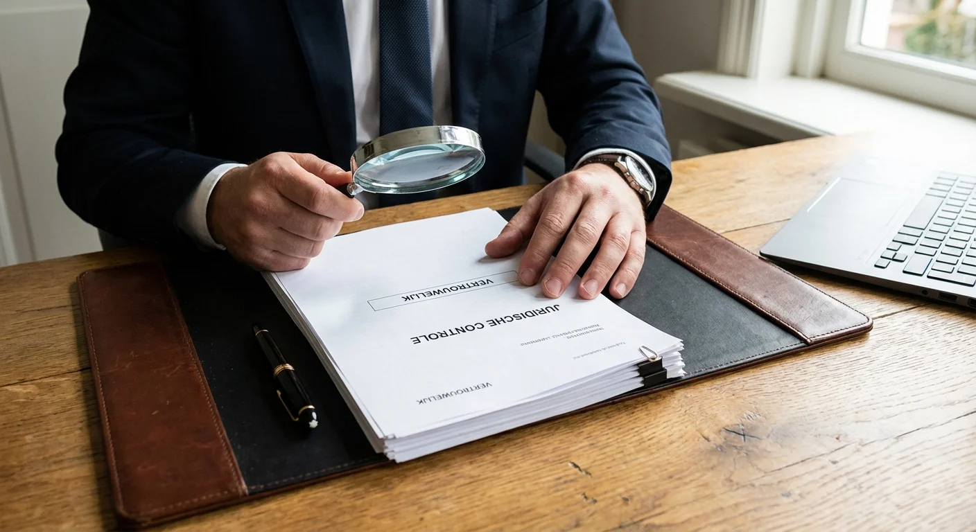 Nahaufnahme eines Anwalts, der an einem hölzernen Schreibtisch Dokumente für ein Legal Audit analysiert, professionelles Erscheinungsbild