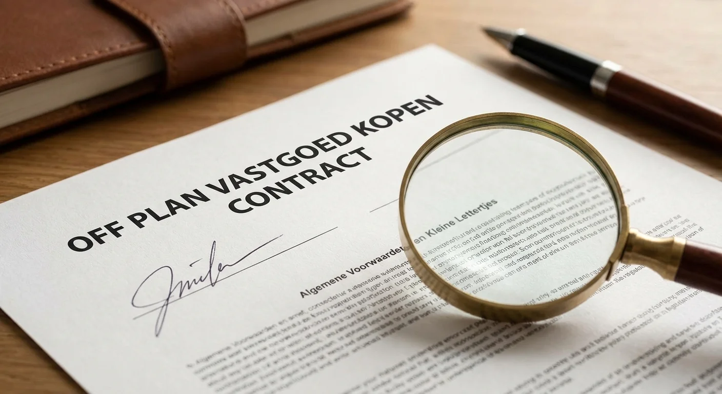 Detailaufnahme, Schärfe eines unterschriebenen Vertrages für Off Plan Real Estate Buying mit einer Lupe auf dem Kleingedruckten, professionelles Erscheinungsbild