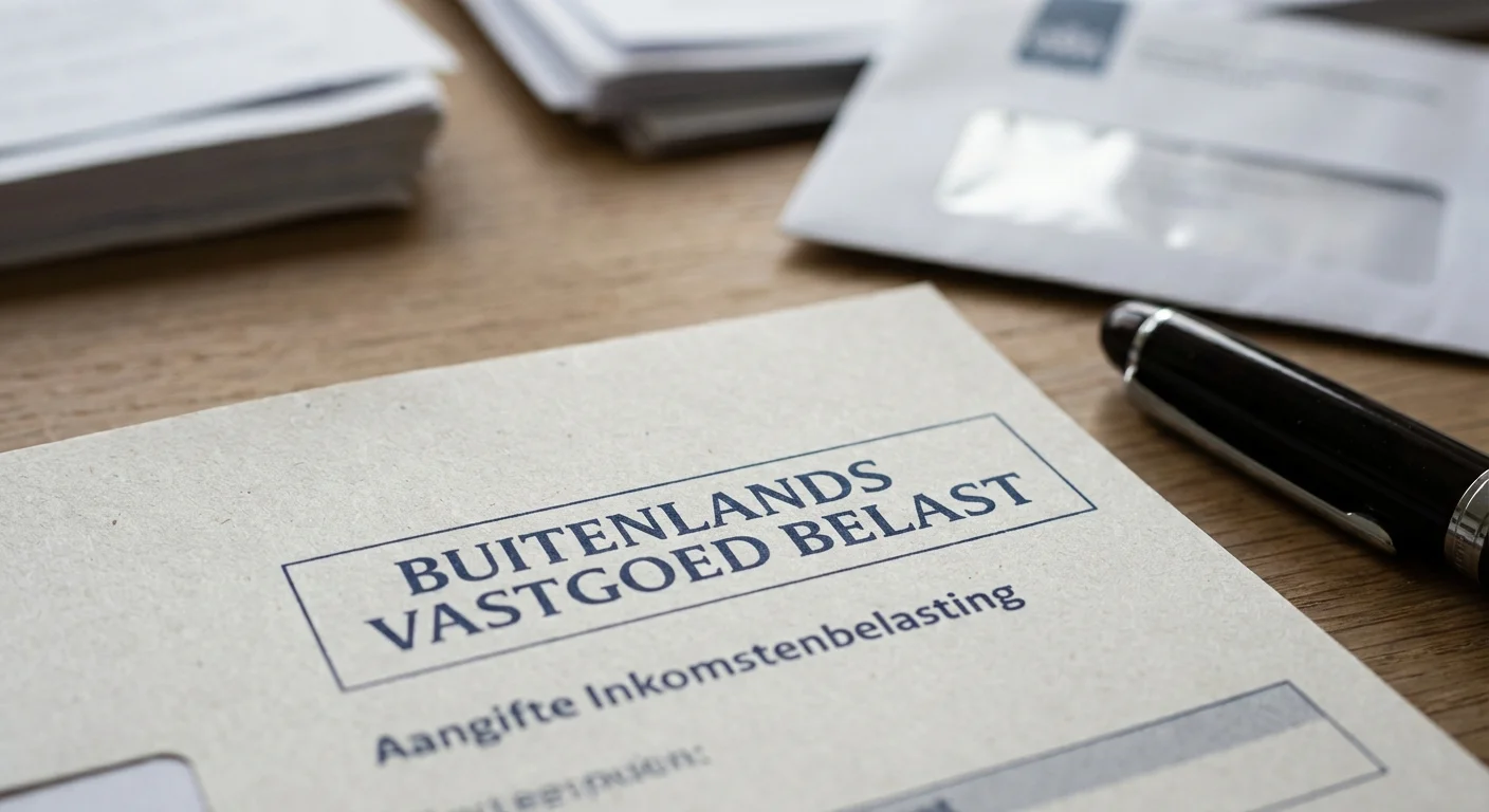 close-up detail shot, sharp focus van een officieel belastingformulier waarop de term buitenlands vastgoed belast duidelijk zichtbaar is, professionele uitstraling