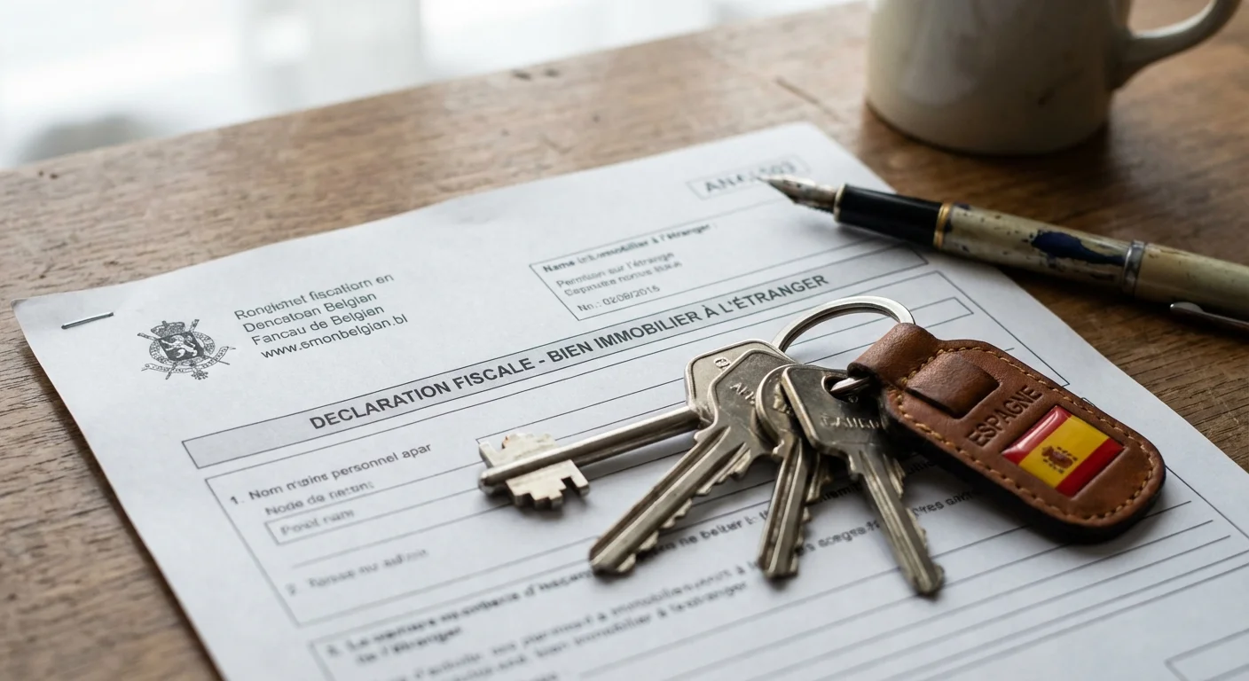 close-up detail shot, sharp focus van een officieel fiscaal document met een Spaanse sleutelbos erop, illustrerend de belasting in België over huis in Spanje, professionele uitstraling