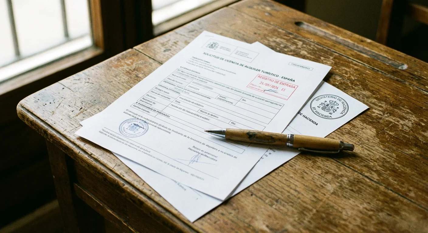 close-up detail shot, sharp focus of an official document for a Letting Permit Spain lying on a wooden desk next to a Spanish stamp and a biro, professional look symbolising the administrative start of the application