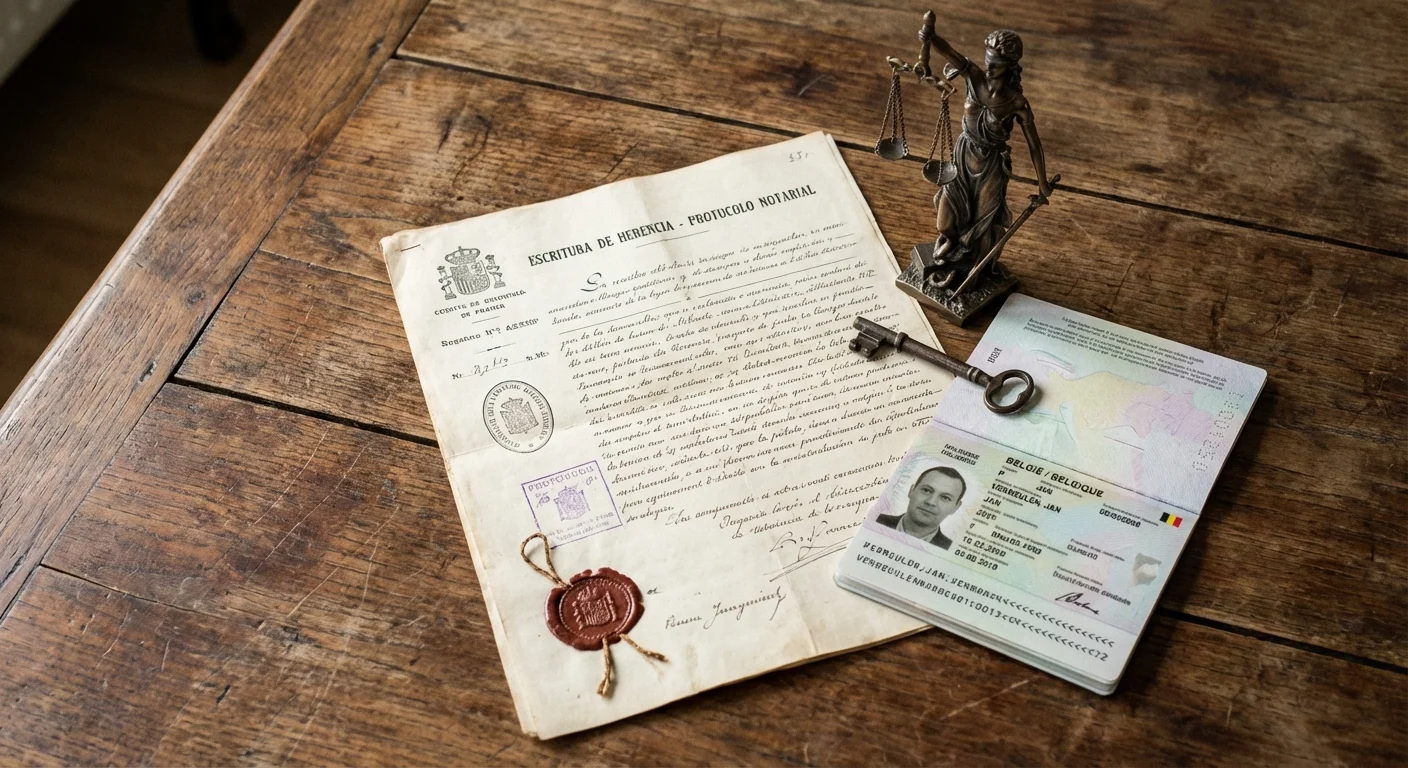 close-up detail shot, sharp focus van een Spaanse notariële akte en een Belgisch paspoort op een houten tafel, symboliserend het Erfrecht in Spanje voor eigenaars, professionele uitstraling